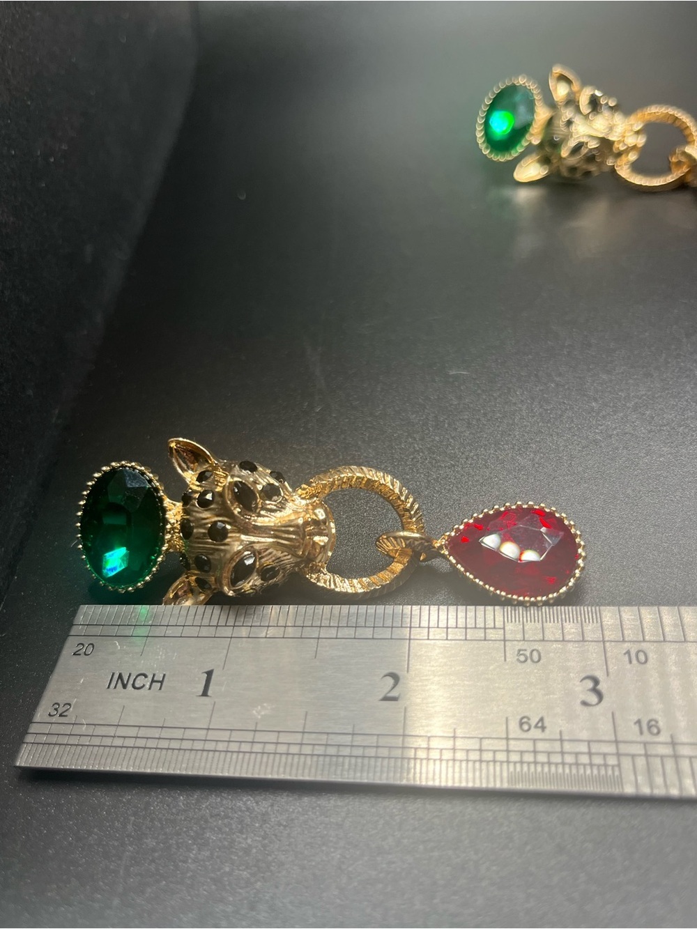 Panther Head Statement Earrings Green Red Crystal Gold Tone Dangle Earrings - Picture 6 of 7